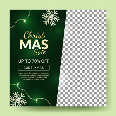 Yeşil süslemeli ve parlayan kar taneleriyle Noel sosyal medya afişi tasarımı