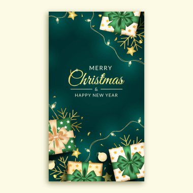 Mutlu noeller ve gerçekçi yeşil dekorasyonlu mutlu yeni yıl sosyal medya hikayeleri