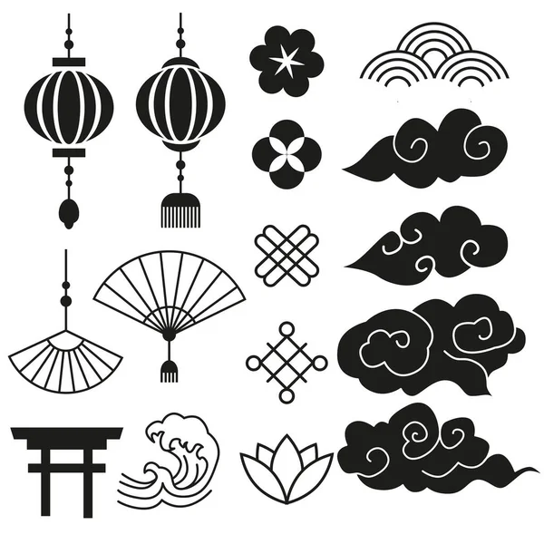 Ensemble Éléments Design Chinois Collection Décorative Vectorielle Lanternes Fleurs Nuages — Image vectorielle
