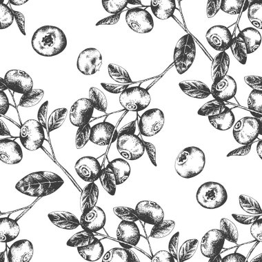 İşleme tarzında yaban mersini dallarıyla kusursuz vektör deseni. Yabanmersinli el çizimi desen.