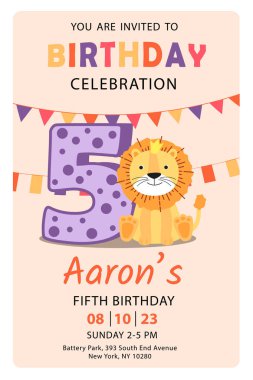 Beşinci doğum günün kutlu olsun, aslan çocuk davetiye vektörü.