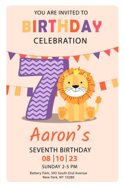 Yedinci doğum günün kutlu olsun aslan oğlan davetiye vektörü.