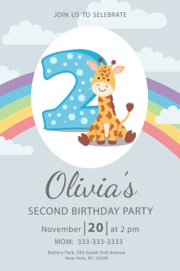 İkinci doğum günün kutlu olsun zürafa kız davetiye kartı vektörü.
