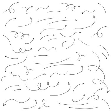 İnce çizgili oklar hazır. Beyaz arkaplanda birçok vektör oku izole edildi.