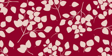 Okaliptüs dalları ve yaprakları siluetleriyle renksiz vektör deseni. Tekstil, baskı ve duvar kağıtları için arkaplan.