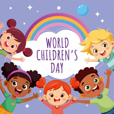 Vektör dünyası çocuklar günü, grup şirin çocuklar ve kızlar vektör illüstrasyonu