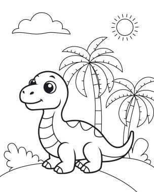 Coloring page for children with a little cute dinosaur on a background with palm trees and the sun. Vector illustration. clipart