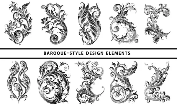 stock vector  Large collection of vector design elements in Baroque style, featuring botanical elements with scrolls, for pattern designs, textiles, paper, and backgrounds