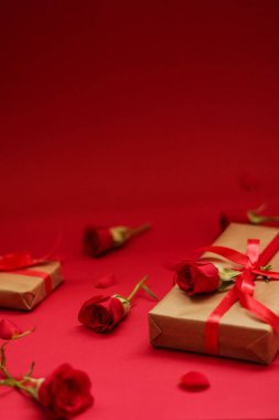 Kraft kağıdına sarılı kırmızı saten bir kurdele ve kırmızı bir gül ile süslenmiş şık bir hediye kutusu. Yumuşak odaklı romantik kompozisyon, Sevgililer Günü, yıldönümü ya da aşk temalı kutlamalar için mükemmel.