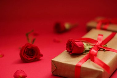 Kraft kağıdına sarılı kırmızı saten bir kurdele ve kırmızı bir gül ile süslenmiş şık bir hediye kutusu. Yumuşak odaklı romantik kompozisyon, Sevgililer Günü, yıldönümü ya da aşk temalı kutlamalar için mükemmel.