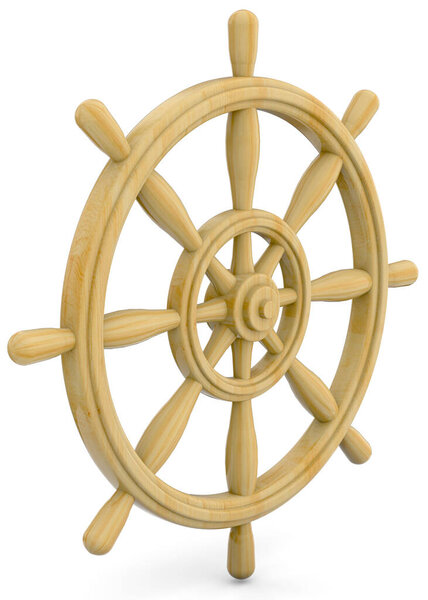 Rudder of sailing ship on white background