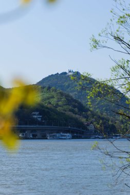 Viyana 'dan Leopoldsberg' e doğru Mavi Tuna ile Baharın güneşli bir gününde ön planda