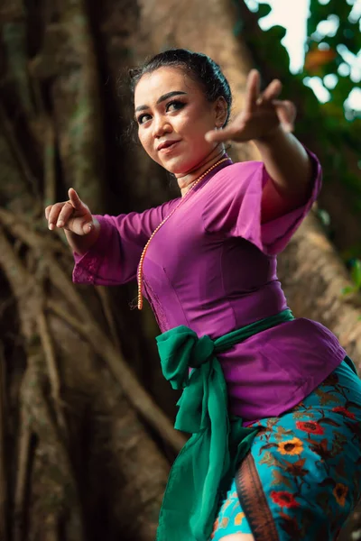 Сексуальная Азиатская Женщина Танцует Позу Надевая Красивое Фиолетовое Платье Зеленый — стоковое фото
