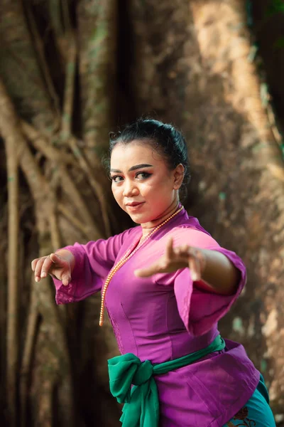Sexy Azji Kobieta Taniec Poza Podczas Mając Piękny Fioletowy Sukienka — Zdjęcie stockowe