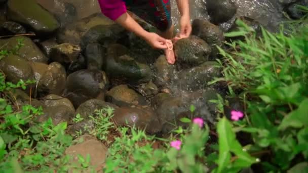 美しいアジアの女性は 緑の葉と茂みを背景にピンクのドレスを着ている間 川の近くの竹のシャワーで彼女の手を洗う — ストック動画