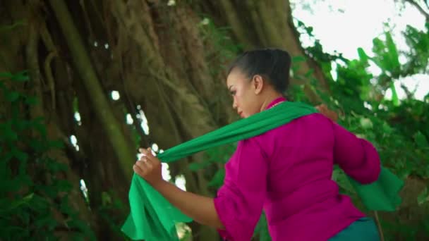 Eine Asiatin Trägt Einen Grünen Schal Einem Traditionellen Rosa Kleid — Stockvideo