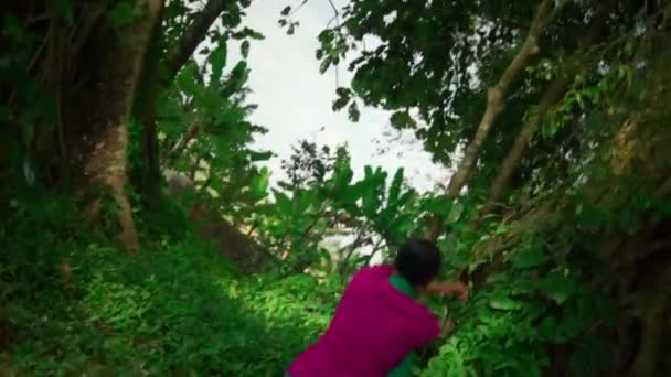 Sexy Asijská Žena Tančící Růžových Šatech Zelenou Šálu Lese Plném — Stock video