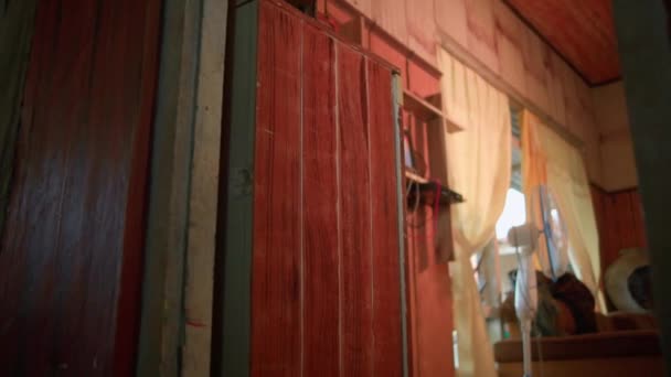 Asiatin Geht Und Sieht Den Fotorahmen Der Wand Ihrem Wohnzimmer — Stockvideo