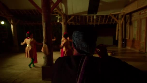 男は夜の祭りでパフォーマンスしながら セクシーな動きでステージ上で踊る女性を見ています — ストック動画