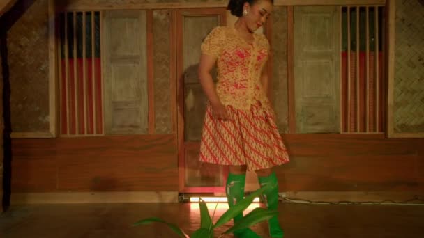 Asian Woman Sitting Front Offerings Orange Dress Ritual Begins Village — Wideo stockowe