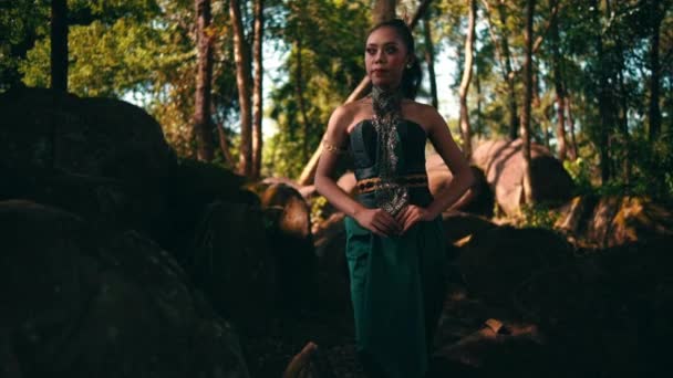 Beautiful Asian Woman Green Dress Walking Lonely Big Rocks Trees — Vídeos de Stock