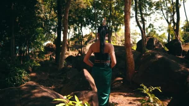 Face Balinese Dancer Black Costume While Enjoying Mountain View Front — Video