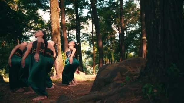 Group Balinese Women Dancing Together Traditional Green Costumes Tree Forest — Vídeo de Stock
