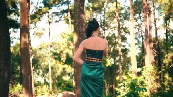 Asyalı Bir Kadın Gün Işığında Yeşil Bir Elbiseyle Ormanda Dikilirken — Stok video