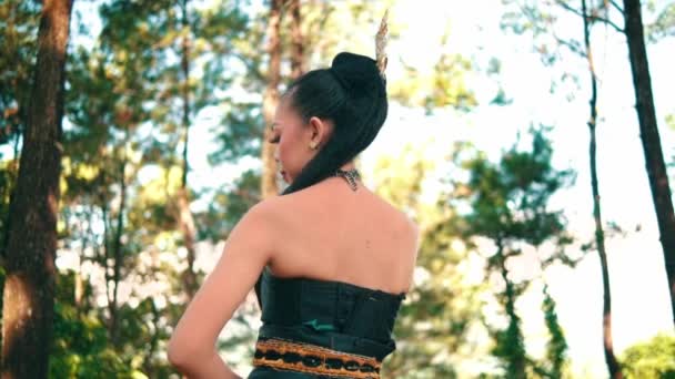 Beautiful Asian Woman Long Black Hair Golden Jewelry Standing Forest — Video