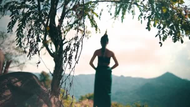 Asian Woman Long Dress Black Hair Standing Front Canyon Enjoy — Vídeo de stock