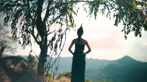 Asian Woman Long Dress Black Hair Standing Front Canyon Enjoy — Stok video