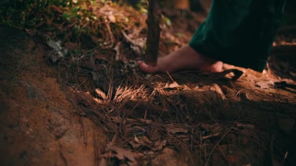 Homem Asiático Roupas Verdes Segurando Pau Enquanto Caminha Sozinho Floresta — Vídeo de Stock