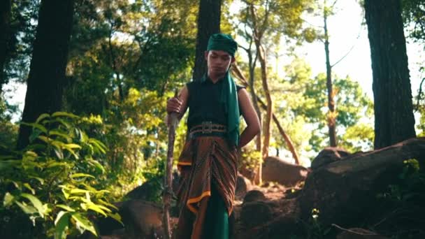 Yeşil Elbiseli Asyalı Bir Adam Ormanda Tek Başına Yürürken Sopa — Stok video