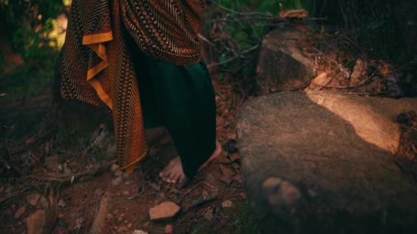 Indonesian Man Exploring Jungle Green Dress While Holding Stick Lonely — Video