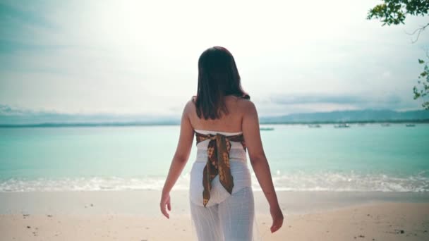 一位亚洲女人 金发站在海滩上欣赏大海的蔚蓝景色和岛上的白沙滩 — 图库视频影像