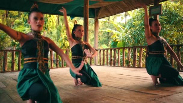 Группа Азиатских Танцовщиц Зеленых Костюмах Танцует Вместе Перед Грустной Женщиной — стоковое видео