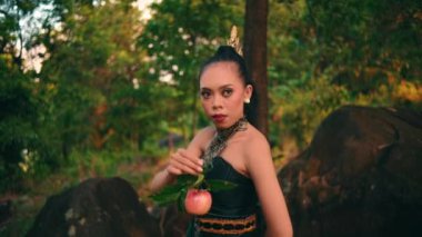an Asian woman holding her fruit with an angry expression while wearing a green dress in the middle of the forest in the morning