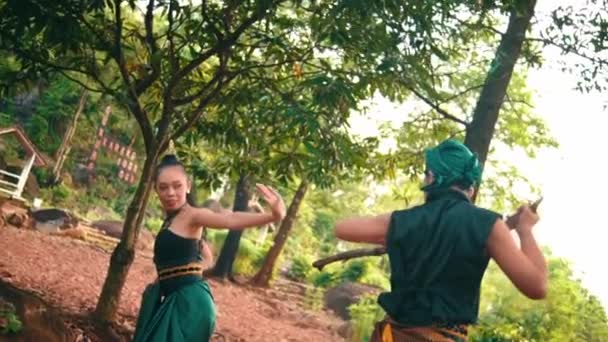 Asyalı Bir Erkek Kadın Yeşil Giysiler Içinde Ormanın Ortasında Öğle — Stok video