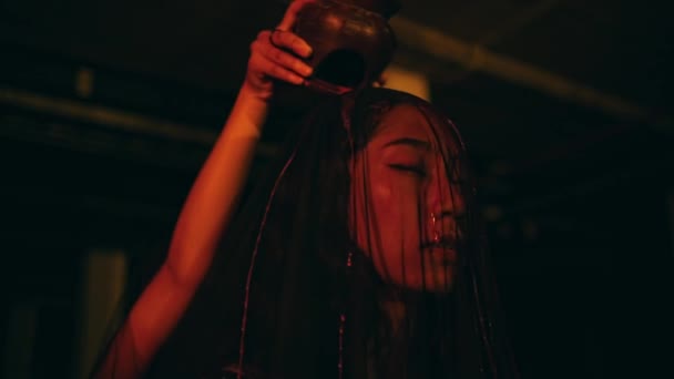 Group Women Worshiping Satan Performs Ritual Pouring Blood Ritual Summoning — Stock Video