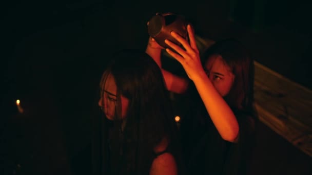 Group Satanic Women Performs Ritual Sprinkling Blood Woman Head Devil — Stockvideo