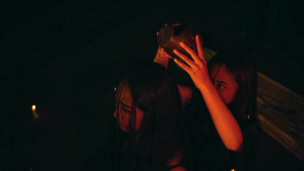 Group Satanic Women Performs Ritual Sprinkling Blood Woman Head Devil — стоковое видео