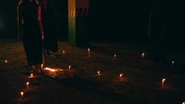 Group Satanic Cultists Walk Amidst Altar Pentagrams Lit Candles Ritual — Stockvideo