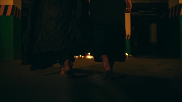 Couple Satanists Black Robes Walked Together Pentagram Altar Perform Ritual — Stok Video