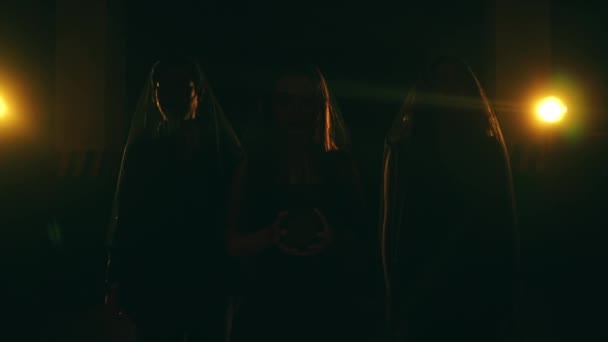 Group Devil Worshipers Black Robes Walk Together Dark While Performing — Vídeos de Stock