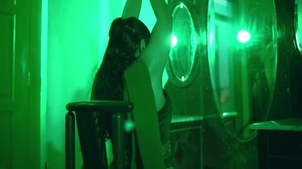 Asian Female Dancer Dancing Very Sexy Dress Front Mirror Green — Stockvideo