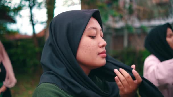 一群穆斯林妇女和她们的朋友在公园里打开头巾 — 图库视频影像