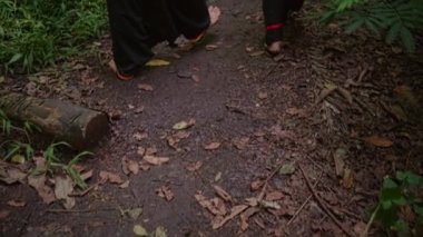Geleneksel Tayland kostümlü bir kadın ve erkeğin sabah ormanda flört ederken yan yana yürümesi.