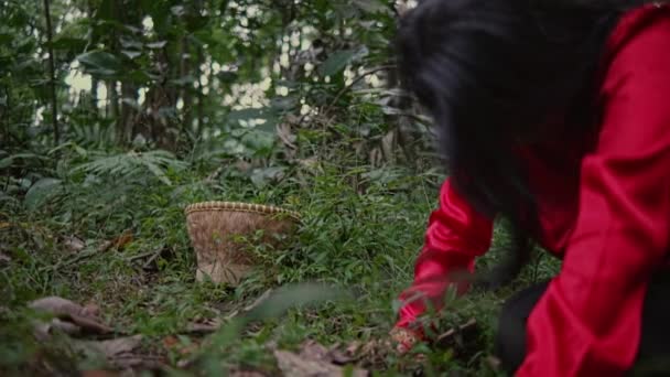 Asiatka Cítí Bolest Uprostřed Lesa Když Ráno Sobě Červenou Košili — Stock video