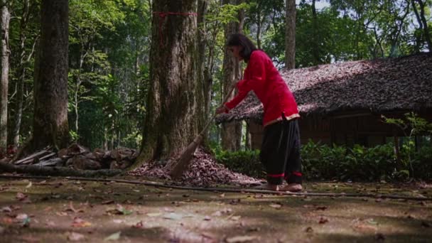 Una Mujer Con Vestido Rojo Está Barriendo Suelo Bosque Parque — Vídeo de stock