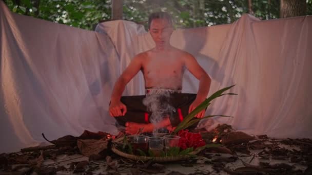 Asian Senior Man Making Lighting Incense Religious Ceremony Forest Night — Stock Video